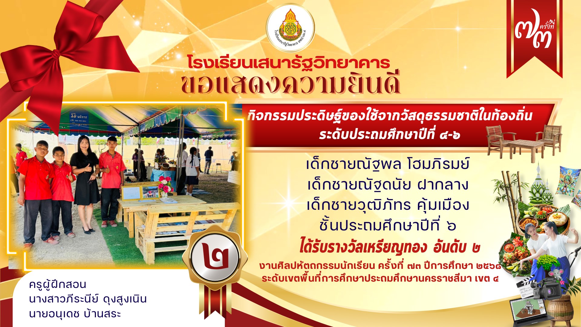 ขอแสดงความยินดีกับ นักเรียนและคณะครู ที่ได้เข้าร่วมงานศิลปหัตถกรรมนักเรียน ครั้งที่ ๗๓ ปีการศึกษา ๒๕๖๘ ระดับเขตพื้นที่การศึกษาประถมศึกษานครราชสีมา เขต ๔